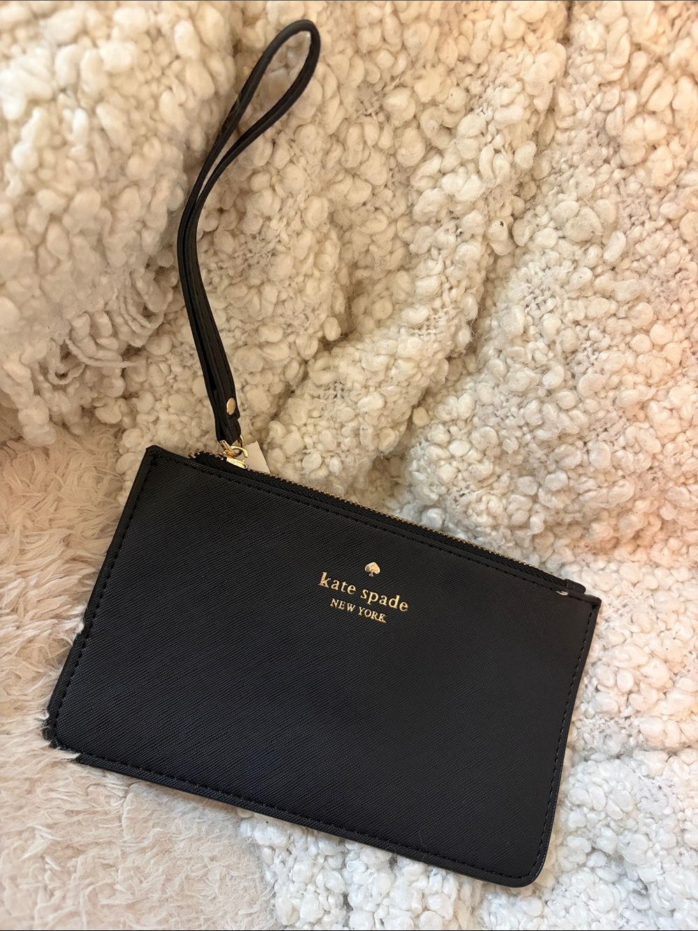 kate spade Black Saffiano Leather Wristlet with Gold Logo
